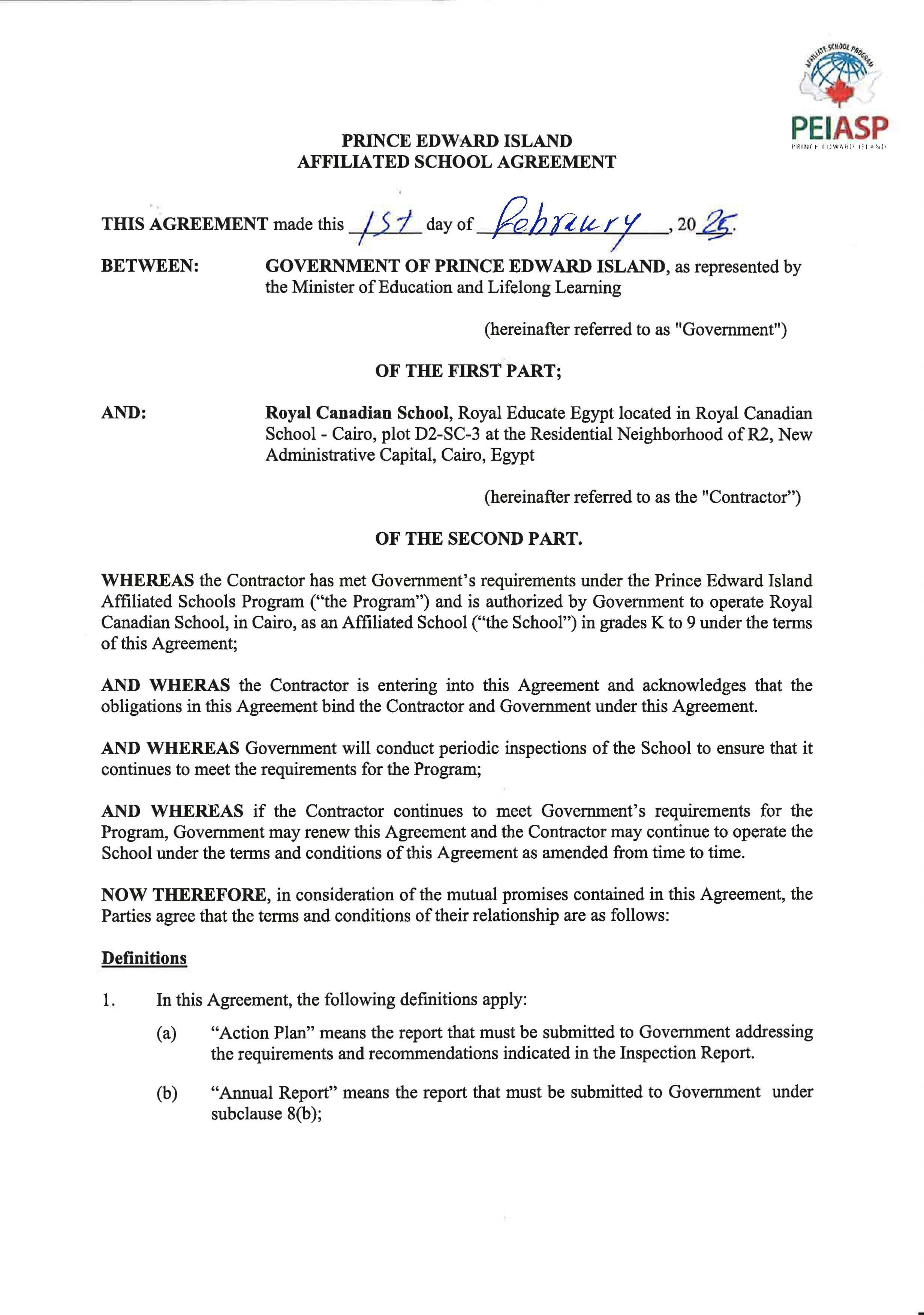 Prince Edward Island Affiliated School Agreement Document